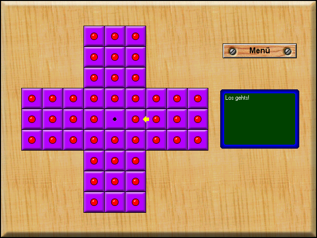 Power Pegged (Windows) screenshot: Beginning a game - jumping one piece over another, using the little arrow you can see here