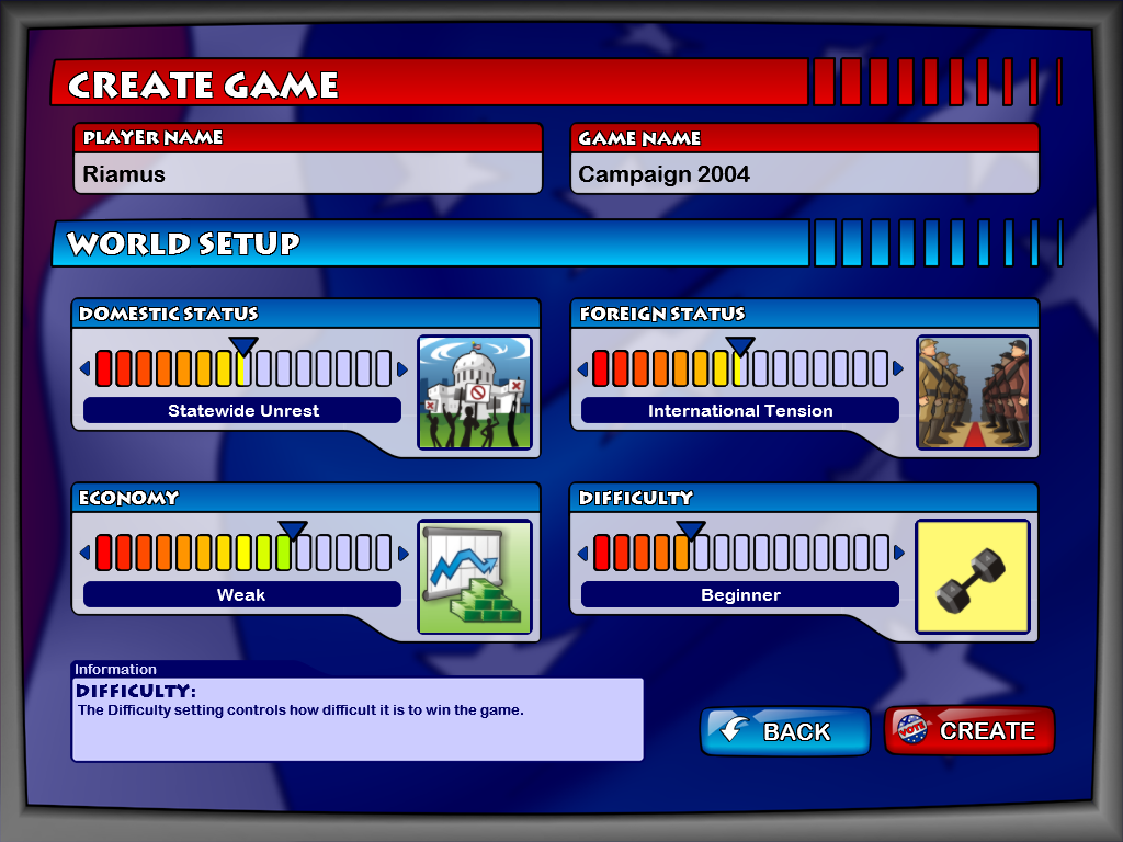 The Political Machine (Windows) screenshot: The Quick Game setup