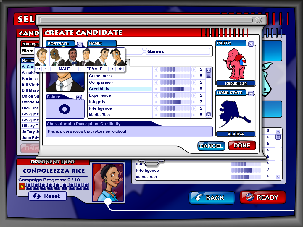 The Political Machine (Windows) screenshot: Choose from a wide variety of portraits for your custom candidate (both male and female)