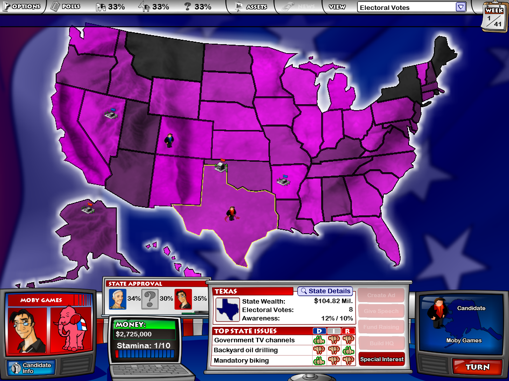 The Political Machine (Windows) screenshot: This is the window you deal with as you play. You can change from multiple maps... this one shows the electoral votes through shading of the states (this is, of course, fantasy electoral stats)