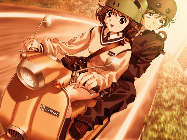 Private Nurse (Windows) screenshot: Ayano and Hiroki ride to school