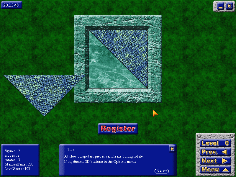 QuadroX-2 (Windows) screenshot: The first and most easy puzzle - place two isosceles right-angeled triangles into a square