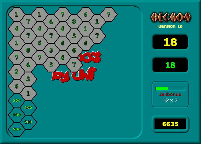 Reckon (Windows) screenshot: Removing hexagons from the playfield - I've got maximum points for creating a perfect match