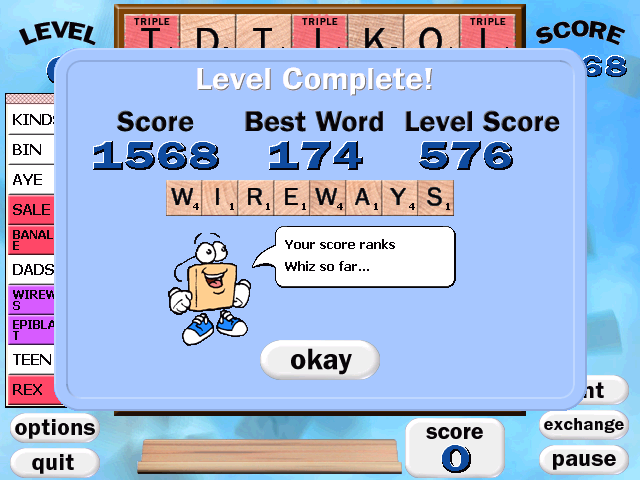 Scrabble Blast! (Windows) screenshot: Level completed