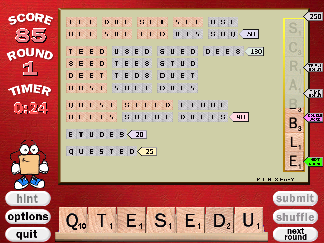 Scrabble Rack Attack (Windows) screenshot: the gray words were missed in this round