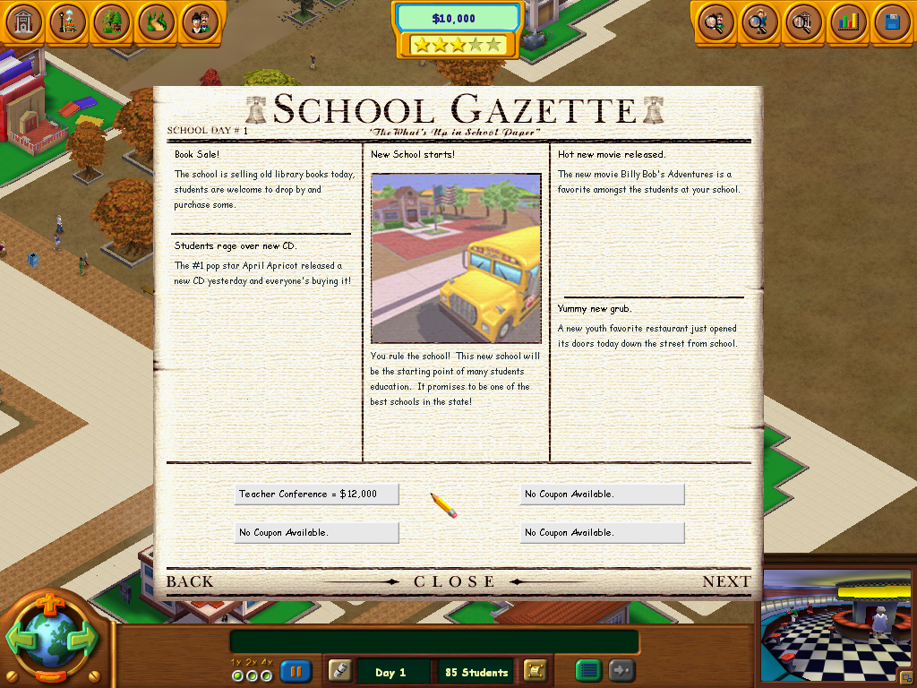 School Tycoon (Windows) screenshot: Make sure to read the paper... sometimes there are "coupons" where you can buy things like a teacher conference