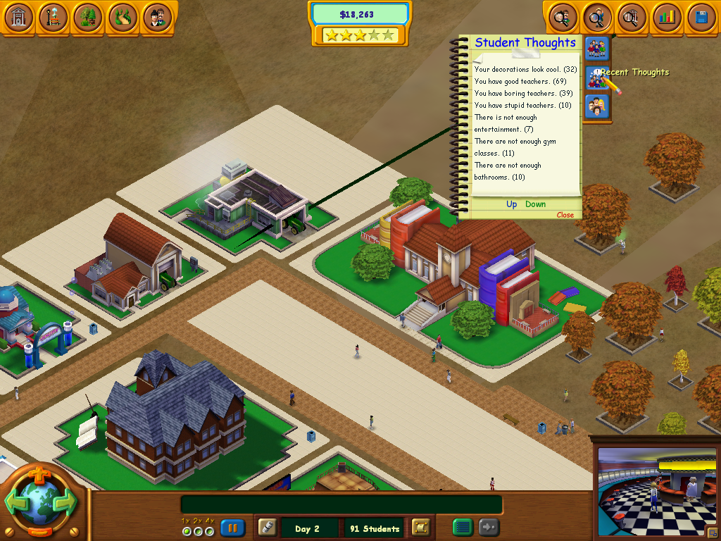 School Tycoon (Windows) screenshot: Check and see what all your students are thinking so you can improve the school