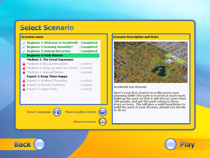 SeaWorld Adventure Parks Tycoon (Windows) screenshot: Choose a scenario from three difficulty levels and unlock additional levels by completing each level