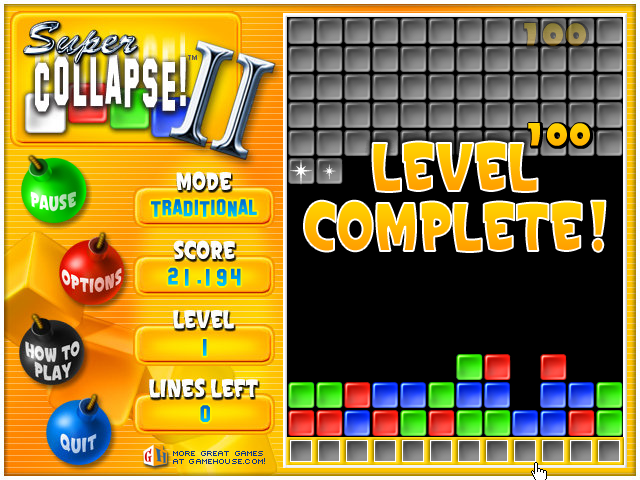 Super Collapse! II (Windows) screenshot: Level completed