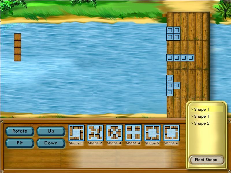 Crystal Rain Forest V2 (Windows) screenshot: The bridge puzzle is a sort of Tetris variant made more difficult because the Shape 1, Shape 2 etc symbols do not match the blocks that are floated downstream