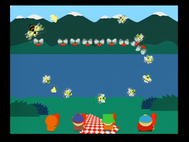South Park: Chef's Luv Shack (Nintendo 64) screenshot: Bees at a picnic