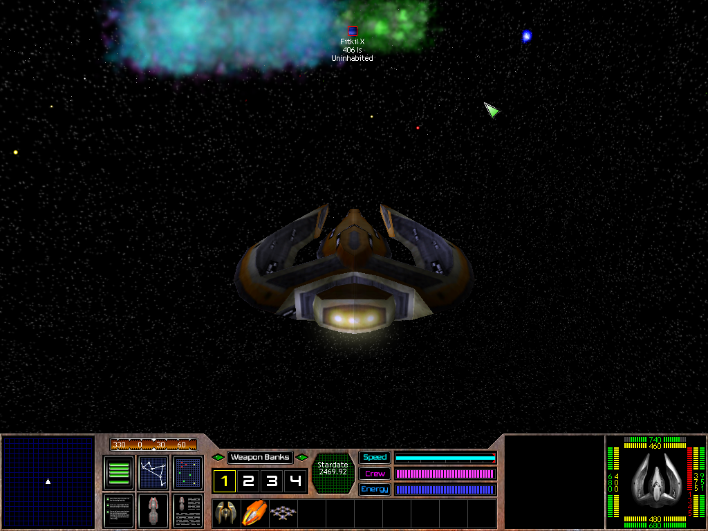 Space Empires: Starfury (Windows) screenshot: A look at one of the star systems showing nebulae, a planet, and a warp point