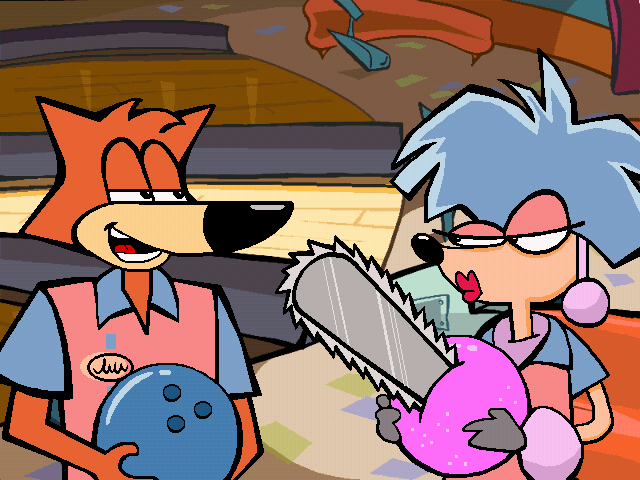 Spy Fox: "Operation Ozone" (Windows) screenshot: SPY Fox tricks Poodle Galore into a game of Bowling and manages to save Pushpin.