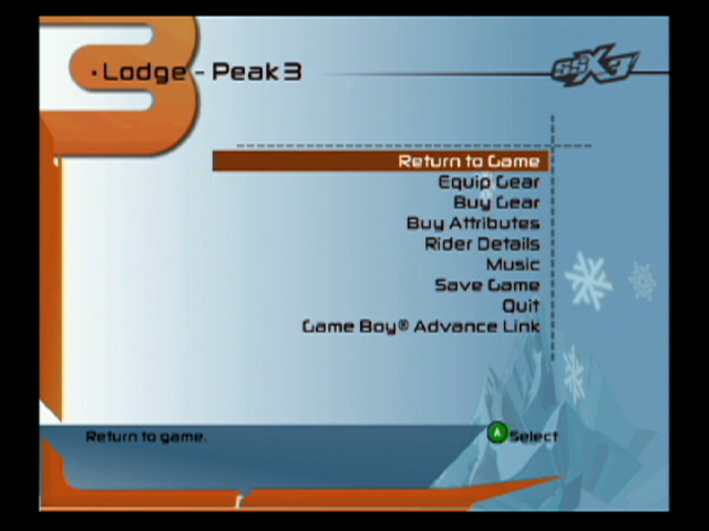 SSX 3 (GameCube) screenshot: Game menus; visit a lodge to buy attributes/gear, or change settings