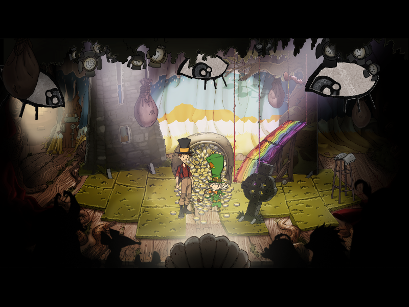 The Night of the Rabbit (Windows) screenshot: The Great Zaroff wants to make Jerry reexperience his adventures in a distorted way. Take control of his show to release the four areas and collect the nails.