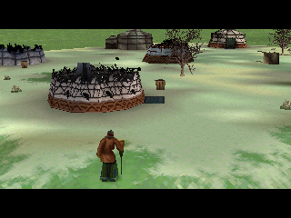 Shachō Eiyūden: The Eagle-Shooting Heroes (PlayStation) screenshot: The village is under attack.