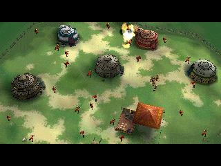 Shachō Eiyūden: The Eagle-Shooting Heroes (PlayStation) screenshot: Bandits have attacked his village.