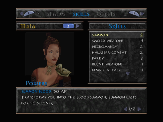 Summoner 2 (GameCube) screenshot: The menu where you can upgrade skills, or equip weapons
