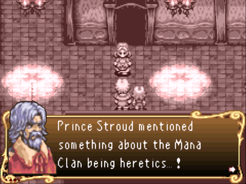 Sword of Mana (Game Boy Advance) screenshot: More introduction... the Mana Clan are heretics?!