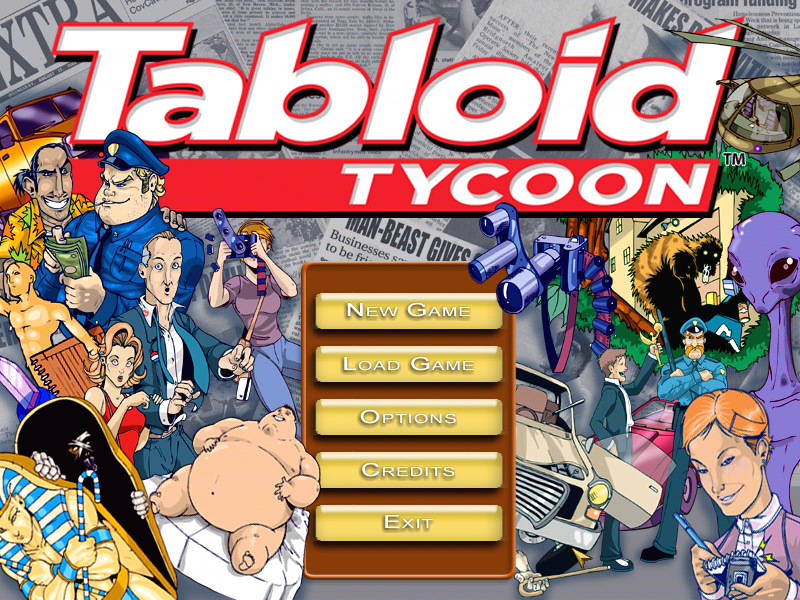 Tabloid Tycoon (Windows) screenshot: The main menu has a lot of pictures of people and things you could find in many tabloids