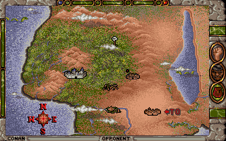 Conan: The Cimmerian (DOS) screenshot: Conan travels through the land of Hyborea to visit towns, crypts and ruins.