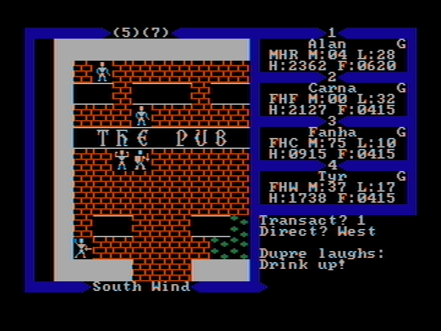 Exodus: Ultima III (DOS) screenshot: Pub in Britain (CGA with composite monitor)