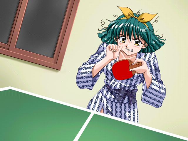 Tokimeki Check in! (Windows) screenshot: Takayuki and Nanami play ping-pong