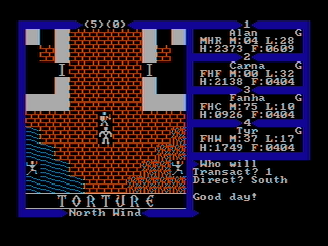 Exodus: Ultima III (DOS) screenshot: Lord British tortures people? (CGA with composite monitor)