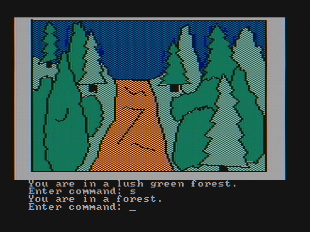 Hi-Res Adventure #4: Ulysses and the Golden Fleece (PC Booter) screenshot: I am in a lush forest (CGA with composite monitor)