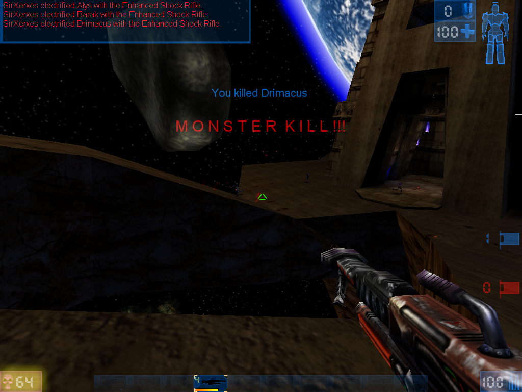 Unreal Tournament (Windows) screenshot: The good old "Monster Kill" (at least 5 kills in a row during a short time interval) - this is rather hard to accomplish in a 32 player InstaGib game.