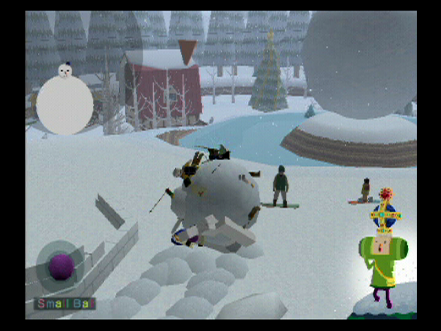 We ♥ Katamari (PlayStation 2) screenshot: Build a snowman by rolling a katamari in the snow
