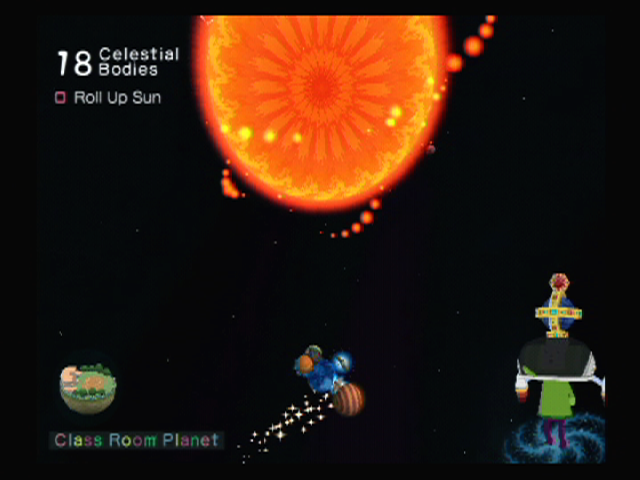 We ♥ Katamari (PlayStation 2) screenshot: Can you make a katamari big enough to roll up the sun?