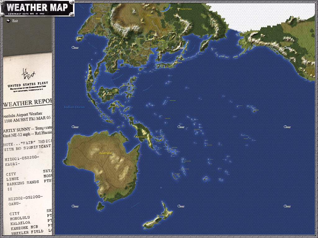 War in the Pacific: The Struggle Against Japan 1941-1945 (Windows) screenshot: Yet another version of the map shows you what the weather in the various areas is. This can help you plan your attack strategy