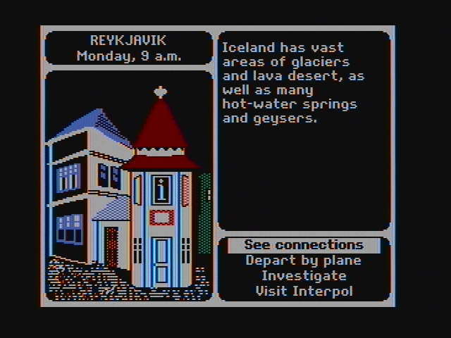 Where in the World Is Carmen Sandiego? (DOS) screenshot: I'm beginning my investigation in Reykjavik. (CGA with composite monitor)