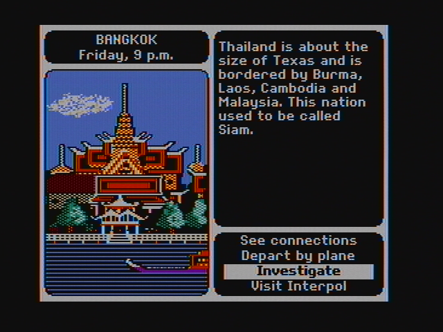 Where in the World Is Carmen Sandiego? (DOS) screenshot: Hmm, anything in Bangkok? (CGA with composite monitor)