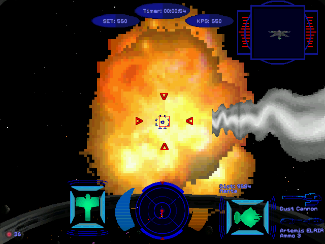 Wing Commander: Secret Ops (Windows) screenshot: A close-up view of an Artemis missile impacting a Manta.