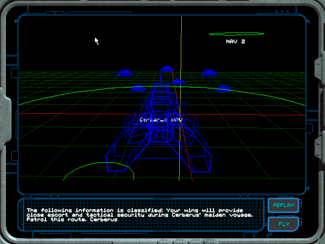 Wing Commander: Secret Ops (Windows) screenshot: The 3D wireframe mission briefing screen.