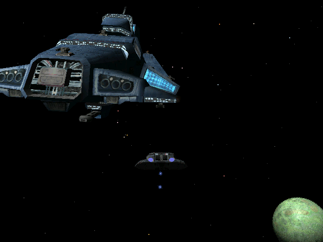 Wing Commander: Secret Ops (Windows) screenshot: A damaged Panther returns to the TCS Cerberus after a tough mission.