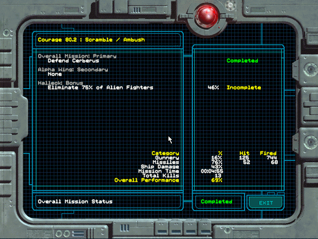 Wing Commander: Secret Ops (Windows) screenshot: The post-mission debriefing screen.
