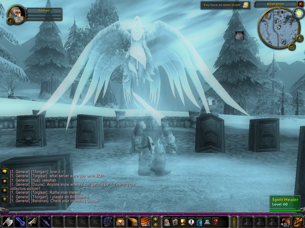 World of WarCraft (Windows) screenshot: Death... It happens. When dead, either speak to the spirit healer to resurrect with a penalty, or find your corpse and resurrect without a penalty. Night elves are wisps when dead