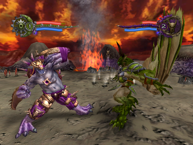 Wrath Unleashed (PlayStation 2) screenshot: (Dark Chaos) Cyclops vs (Dark Order) Arch Demon in Lava Arena