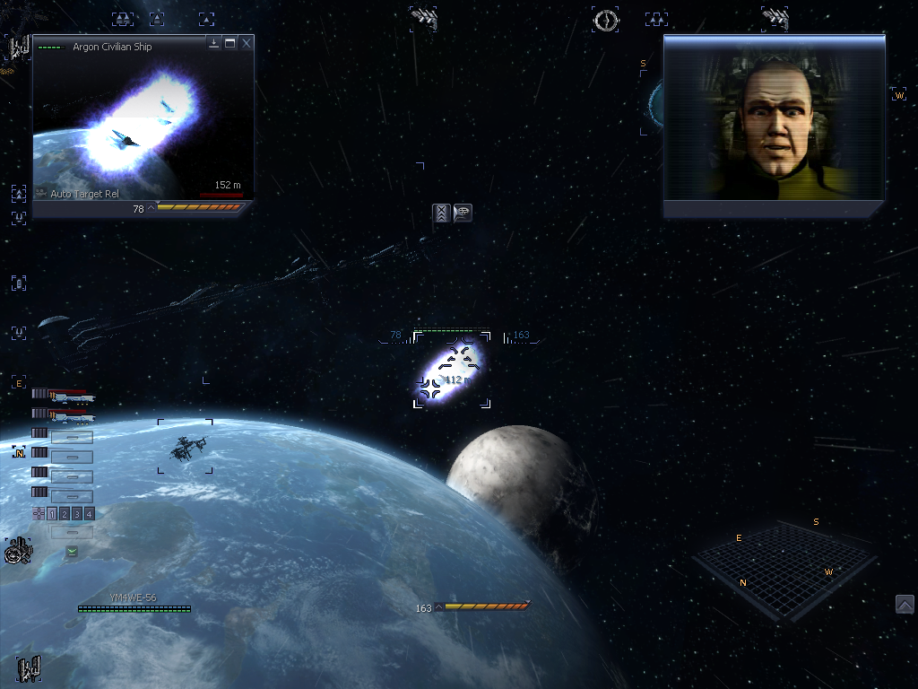 X³: Reunion (Windows) screenshot: Deciding to prey on a civilian ship, I get a few lucky shots, and you can see it's shield flaring up. In the top-right is the ship's captain, deciding not to surrender.