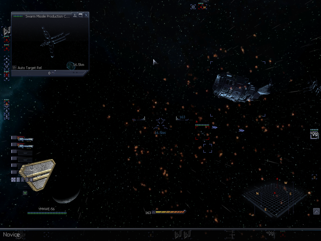 X³: Reunion (Windows) screenshot: The orangey blobs are the remanents of the civilian ship I blew up. Behind it, surrounded by red (indicating hostile) is a police ship, who didn't like me shooting up the innocent ship.