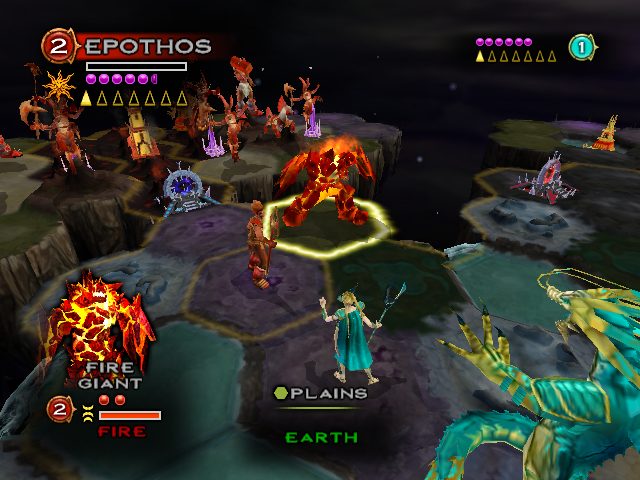Wrath Unleashed (PlayStation 2) screenshot: Strategy world map, (Light Chaos) Fire Giant looks very cute, while near by the Demi Gods Epothos and Aenna stare each other down