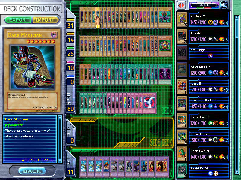 Yu-Gi-Oh!: Power of Chaos - Kaiba the Revenge (Windows) screenshot: Set up your deck in the deck constructor. This new version allows you to easily see and sort the cards you have in the right panel. Check out the new graphics for the Dark Magician!