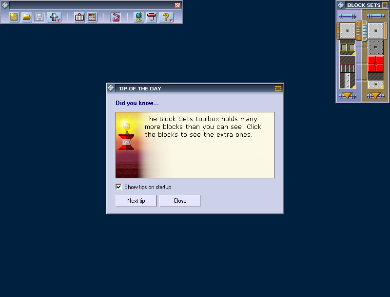 Blockworks Lite (Windows) screenshot: Tips upon opening