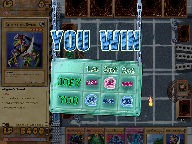 Yu-Gi-Oh!: Power of Chaos - Joey the Passion (Windows) screenshot: The scorecard shows how you did in the Match game.