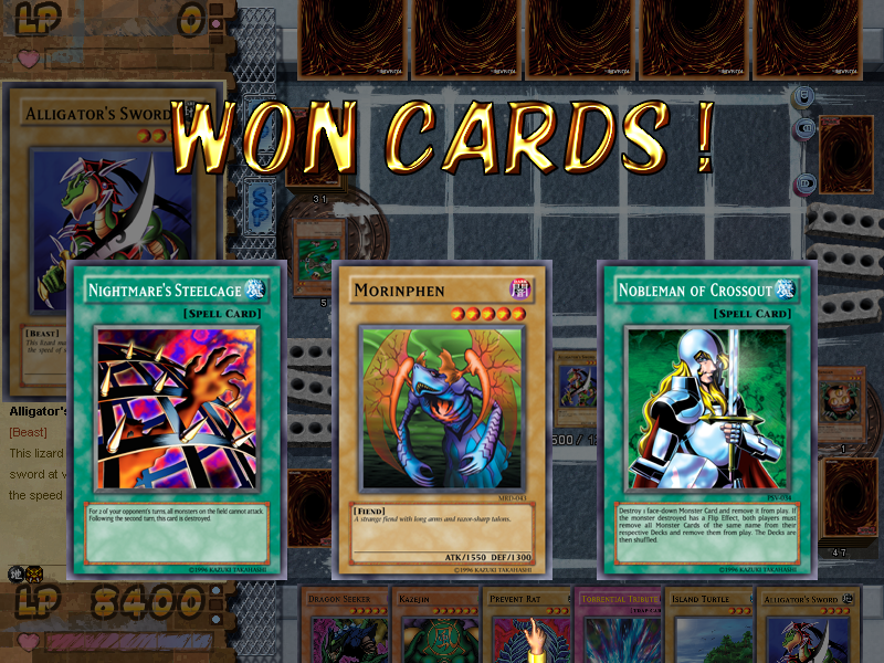 Yu-Gi-Oh!: Power of Chaos - Joey the Passion (Windows) screenshot: Winning the Match mode gets you three cards instead of one.