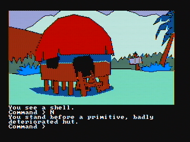 Mindshadow (PC Booter) screenshot: Hmm, there's a hut here... (CGA with composite monitor)