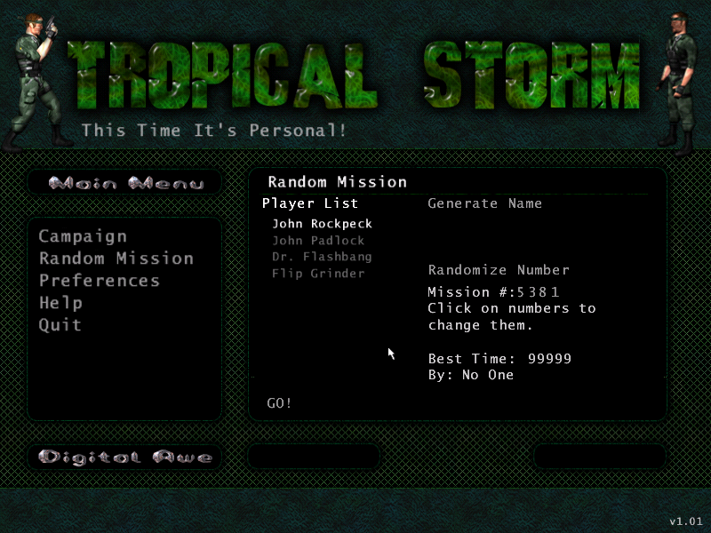 Tropical Storm (Windows) screenshot: Random Mission Menu